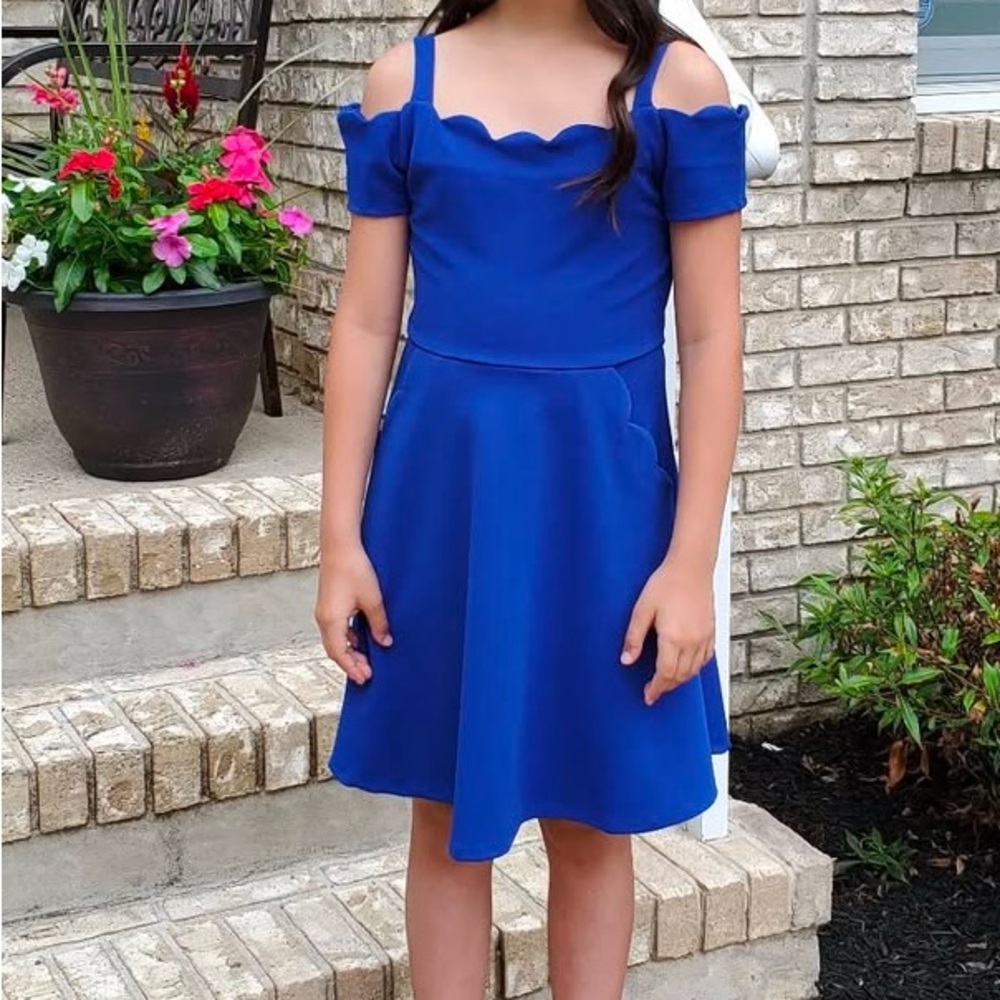 Girls Royal Blue Scalloped Off-Shoulder Dress size 12